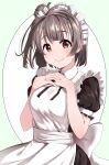  1girl alternate_costume apron black_dress black_neckwear black_ribbon brown_eyes closed_mouth dress enmaided fingernails grey_hair hands_up highres igarashi_kyouhei interlocked_fingers looking_at_viewer love_live! love_live!_school_idol_project maid maid_apron maid_headdress minami_kotori neck_ribbon one_side_up pink_nails puffy_short_sleeves puffy_sleeves ribbon short_sleeves smile solo upper_body white_apron 