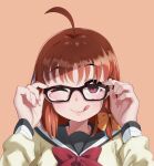  1girl :q adjusting_eyewear ahoge black-framed_eyewear black_sailor_collar bow bowtie glasses hair_bow hands_up highres igarashi_kyouhei long_sleeves looking_at_viewer love_live! love_live!_sunshine!! one_eye_closed orange_background orange_bow red_bow red_neckwear sailor_collar school_uniform serafuku shirt smile solo takami_chika tongue tongue_out upper_body violet_eyes yellow_shirt 