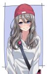  1girl alternate_hair_length alternate_hairstyle bag beanie blush border eyebrows_visible_through_hair grey_hair hair_between_eyes hat highres igarashi_kyouhei long_hair long_sleeves looking_at_viewer love_live! love_live!_sunshine!! purple_background shoulder_bag simple_background smile solo sweater upper_body watanabe_you white_border white_sweater 