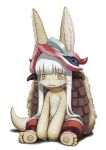  1girl 1other absurdres animal_ears bangs blunt_bangs crying ears_through_headwear eyebrows_visible_through_hair furry helmet highres horizontal_pupils long_hair made_in_abyss nanachi_(made_in_abyss) porupurucha sidelocks simple_background sitting solo tail tears whiskers white_background white_hair yellow_eyes 