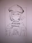  1girl english_text glasses greyscale hat highres jacket kitamurashu monochrome original round_eyewear shirt short_hair solo striped striped_shirt white_hair white_jacket 