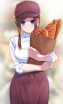  1girl bag baguette blue_eyes blurry blurry_background blush bread breasts brown_hair cabbie_hat chef_uniform closed_mouth copyright_request depth_of_field food grocery_bag hair_ornament hairclip hat highres igarashi_kyouhei large_breasts long_hair long_skirt looking_at_viewer red_skirt shirt shopping_bag skirt smile solo white_shirt 