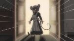  1990s_(style) 1girl animal_ear_fluff animal_ears apron arms_at_sides bangs black_dress bow collared_dress dress film_grain full_body grey_hair hat highres long_dress looking_at_viewer maid maid_apron maid_day mob_cap mouse mouse_ears mouse_tail nazrin open_door retro_artstyle short_hair sparkle step_arts tail teeth touhou waist_bow white_bow wrist_cuffs 