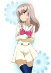  1girl alternate_costume black_legwear blonde_hair copyright_request cosplay cosplay_request crossed_arms girls_und_panzer itsumi_erika kayabakoro long_hair school_uniform seiyuu_connection serafuku simple_background solo thigh-highs 