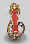  1girl animal_ears artist_name bare_arms breasts claws closed_mouth commentary dress earrings full_body fur hhhori highres jewelry jinko_(monster_girl_encyclopedia) long_dress monster_girl monster_girl_encyclopedia original red_dress solo spiky_hair standing tail tiger_ears tiger_girl tiger_tail 