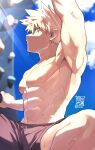  1boy abs absurdres arm_up armpits artist_name bakugou_katsuki blonde_hair blue_sky blurry blurry_background boku_no_hero_academia bouldering climbing climbing_wall clouds commentary highres light_rays looking_up male_focus muscular muscular_male navel nipples pectorals purple_shorts red_eyes rock_climbing shirtless short_hair shorts sky solo spiky_hair sunlight sweat symbol_commentary yazakc 