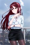  1girl black_skirt blue_sky blush brown_eyes brown_legwear cigarette contrapposto day hand_up highres holding igarashi_kyouhei lanyard long_hair looking_to_the_side love_live! love_live!_sunshine!! miniskirt outdoors pantyhose parted_lips railing redhead sakurauchi_riko shirt skirt sky smoke smoking solo standing taut_clothes taut_skirt watch watch white_shirt 