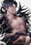  1boy bare_pectorals belial_(granblue_fantasy) black_feathers black_hair black_shirt buttons collarbone commentary_request feather_boa feathers granblue_fantasy highres long_sleeves male_focus open_clothes open_shirt pectorals red_eyes shirt short_hair solo teeth upper_body white_background zeta_(ace_343) 
