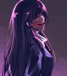  1girl absurdres commentary glasgow_smile gradient gradient_background highres ishiyumi kuchisake-onna_(ishiyumi) long_hair looking_at_viewer looking_to_the_side medium_request muted_color original purple_theme red_eyes scarf sidelocks solo 