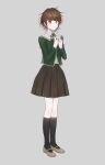  1boy absurdres black_legwear blush brown_eyes brown_hair closed_mouth commentary_request crossdressinging dangan_ronpa:_trigger_happy_havoc dangan_ronpa_(series) fujisaki_chihiro full_body green_neckwear grey_background hands_together highres jacket jecheubo kneehighs long_sleeves looking_at_viewer male_focus otoko_no_ko own_hands_together pleated_skirt ribbon school_uniform shirt shoes short_hair simple_background skirt solo standing white_shirt 
