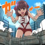  1girl :d aki_(makinoakira) bangs blue_sky blurry blurry_foreground brown_eyes brown_hair building claw_pose clouds cloudy_sky commentary_request day elbow_pads eyebrows_visible_through_hair giant giantess girls_und_panzer ground_vehicle headband kondou_taeko leaning_forward looking_at_viewer medium_hair military military_vehicle motor_vehicle open_mouth outdoors partial_commentary red_headband red_shirt red_shorts shirt short_shorts shorts sky skyscraper sleeveless sleeveless_shirt smile solo sportswear standing tank type_10_(tank) volleyball_uniform 