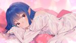  :3 blue_hair character_request djheycha highres long_hair looking_at_viewer lying on_bed on_stomach original pajamas pointy_ears red_eyes 