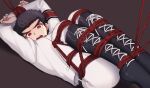  1boy arm_over_head arms_up ass bangs bdsm belt black_belt black_footwear black_hair bondage boots bound bound_wrists brown_background dangan_ronpa:_trigger_happy_havoc dangan_ronpa_(series) highres ishimaru_kiyotaka jacket knee_boots long_sleeves lying male_focus mizukura_ion on_back open_mouth pants red_eyes red_rope restrained rope short_hair solo upper_teeth white_jacket white_pants 