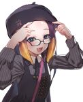  1girl :d beret black_headwear black_neckwear black_ribbon blue_eyes bow_(bhp) fang forehead glasses hat hololive hololive_english long_hair long_sleeves looking_at_viewer ninomae_ina&#039;nis open_mouth purple_hair ribbon simple_background sketch smile solo striped upper_body vertical_stripes virtual_youtuber white_background 