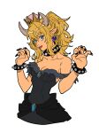  1girl bare_shoulders black_dress black_nails blonde_hair blue_eyes bowsette bracelet collar dress earrings eyebrows_visible_through_hair highres horns jewelry long_hair looking_at_viewer super_mario_bros. new_super_mario_bros._u_deluxe okada_(hoooojicha) pointy_ears sidelocks simple_background solo spiked_bracelet spiked_collar spikes super_crown tongue tongue_out white_background 