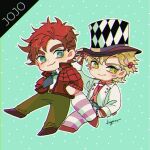  2boys :3 adjusting_clothes adjusting_headwear argyle artist_name battle_tendency belt blonde_hair blue_eyes blue_neckwear bow bowtie brown_gloves brown_hair caesar_anthonio_zeppeli chibi chromatic_aberration coat collared_shirt copyright_name cosplay facial_mark fingerless_gloves full_body gloves green_eyes hands_in_pockets hat highres jacket jojo_no_kimyou_na_bouken joseph_joestar_(young) kogatarou long_sleeves looking_at_viewer male_focus multiple_boys necktie pink_neckwear shirt signature smile thick_eyebrows top_hat tuxedo vest will_anthonio_zeppeli will_anthonio_zeppeli_(cosplay) 