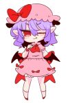  1girl ascot bat_wings bloomers bow brooch chibi dress frilled_shirt frilled_shirt_collar frilled_sleeves frills hat hat_ribbon highres jewelry light_purple_hair mob_cap op_na_yarou pink_dress pointy_ears puffy_short_sleeves puffy_sleeves red_bow red_eyes red_ribbon remilia_scarlet ribbon ribbon_trim sash shirt short_hair short_sleeves touhou underwear wings wrist_cuffs 