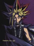  1boy artist_name bangs black_hair black_shirt blonde_hair bright_pupils cape chain chain_necklace closed_mouth collar commentary_request male_focus parted_bangs red_eyes redhead shirt solo soya_(sys_ygo) spiky_hair upper_body watermark white_pupils yami_yuugi yu-gi-oh! 