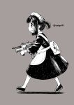  1girl alternate_costume apron bangs daitou_(kancolle) dress enmaided from_side grey_background greyscale gun harukaze_unipo holding holding_gun holding_weapon kantai_collection maid maid_day monochrome open_mouth ponytail profile short_ponytail sidelocks simple_background solo twitter_username walking weapon weapon_request 
