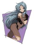  1girl bangs black_gloves blue_eyes blue_hair bodystocking breasts covered_navel covering covering_breasts facial_mark forehead_mark from_side gloves head_tilt ishtar_(macross) kinako_(462) leaning_forward long_hair macross macross_2 parted_lips small_breasts solo 