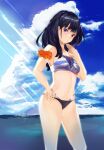  1girl absurdres animal_print astral_colibon bikini black_bikini black_hair blue_eyes blue_sky blush breasts clouds cowboy_shot day highres horizon light_rays long_hair looking_at_viewer medium_breasts mismatched_bikini navel ocean orange_scrunchie outdoors scrunchie side-tie_bikini sky solo ssss.gridman standing sunbeam sunlight swimsuit takarada_rikka tiger_print 