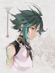  1boy ahoge aqua_hair arm_tattoo bead_necklace beads cropped_torso facial_mark forehead_mark genshin_impact green_hair hesobellyb jewelry male_focus multicolored_hair necklace simple_background solo tattoo upper_body xiao_(genshin_impact) yellow_eyes 