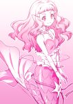  1girl breasts closed_mouth commentary_request gradient gradient_background head_fins highres kazuma_muramasa laura_(precure) long_hair looking_at_viewer medium_breasts mermaid midriff monster_girl navel pink_background pink_theme precure signature smile solo tropical-rouge!_precure 