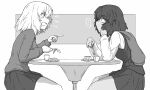  ... andou_(girls_und_panzer) arguing bangs bc_freedom_school_uniform closed_mouth commentary_request cup dark_skin eating fork from_side frown girls_und_panzer greyscale half-closed_eyes head_rest highres holding holding_fork looking_at_another medium_hair monochrome open_mouth oshida_(girls_und_panzer) partial_commentary renshiu school_uniform shout_lines sitting spoken_ellipsis table 