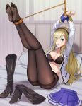  1girl bdsm black_legwear blonde_hair blue_eyes bondage bound bra celia_kumani_entory drill_hair feet feet_up haimei1980 hairband highres leg_up long_hair looking_at_viewer pantyhose restrained soles thigh-highs underwear walkure_romanze 