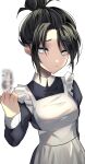  1girl absurdres alternate_costume apex_legends apron bangs black_dress black_hair breasts censored dress enmaided grey_eyes hair_behind_ear hair_bun highres huge_filesize juliet_sleeves long_sleeves looking_to_the_side maid maid_apron medium_breasts middle_finger mosaic_censoring nitogebeto parted_bangs pout puffy_sleeves solo white_background wraith_(apex_legends) 
