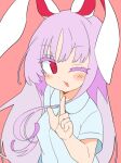  1girl animal_ears bangs collared_shirt eyebrows_visible_through_hair highres index_finger_raised ini_(inunabe00) long_hair looking_at_viewer one_eye_closed pink_background purple_hair rabbit_ears red_eyes reisen_udongein_inaba shirt short_sleeves simple_background smile solo touhou upper_body white_shirt 