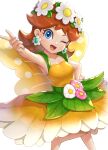  1girl bare_arms barefoot blue_eyes brown_hair butterfly_wings dress earrings gonzarez head_wreath highres jewelry leaf looking_at_viewer super_mario_bros. one_eye_closed pointing princess_daisy wings yellow_dress 