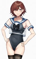  absurdres black_bow bow covered_navel crop_top hair_ornament hairpin hand_on_hip highleg highleg_swimsuit highres higuchi_madoka idolmaster idolmaster_shiny_colors mole mole_under_eye one-piece_swimsuit pantyhose pol_winner redhead school_swimsuit school_uniform see-through serafuku skindentation swimsuit thigh-highs thigh_gap 