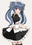  1girl :o aikawa_ryou alternate_costume alternate_hairstyle apron black_dress black_legwear blue_hair blush bow dress eyebrows_visible_through_hair frilled_dress frills garter_straps gloves grey_bow hair_bow highres long_hair looking_at_viewer looking_back maid maid_apron maid_headdress shima_rin simple_background skirt_hold solo thigh-highs turning_head twintails very_long_hair violet_eyes white_background white_bow white_gloves yurucamp zettai_ryouiki 