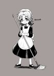  1girl alternate_costume apron bangs dress enmaided eyebrows_visible_through_hair glasses grey_background greyscale harukaze_unipo hirato_(kancolle) holding holding_mop kantai_collection maid maid_day maid_headdress monochrome mop short_hair simple_background smile solo standing twitter_username 