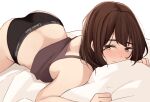  1girl ass back bangs bed_sheet black_panties blush bob_cut brown_camisole brown_eyes brown_hair calvin_klein camisole closed_mouth commentary_request highres kapatarou lying on_stomach original panties sheet_grab simple_background solo thighs underwear underwear_only white_background 