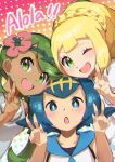  3girls ;d bangs blonde_hair blue_eyes blue_hair blue_sailor_collar blush braid bright_pupils commentary eyelashes flower freckles green_eyes green_hair hair_flower hair_ornament hairband hands_up highres lana_(pokemon) lillie_(pokemon) looking_at_viewer mallow_(pokemon) multiple_girls no_sclera one_eye_closed open_mouth pokemon pokemon_(game) pokemon_sm sailor_collar shirt short_hair smile swimsuit swimsuit_under_clothes taisa_(lovemokunae) tongue twintails v white_pupils white_shirt yellow_hairband 