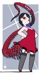  1girl absurdres black_hair closed_mouth dress expressionless full_body garter_belt hands_on_hips highres iwako_(eiken3kyuboy) mechanical_tail original red_dress red_eyes red_footwear solo standing tail thigh-highs 