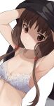  1girl armpits black_dress bra breasts brown_eyes brown_hair commentary dress dutch_angle eyebrows_visible_through_hair highres hiroki_(yyqw7151) iino_miko kaguya-sama_wa_kokurasetai_~tensai-tachi_no_renai_zunousen~ light_blush looking_at_viewer low_twintails simple_background small_breasts solo twintails underwear undressing upper_body white_background white_bra 