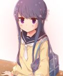  1girl artist_name atu bag beige_sweater blue_hair blue_serafuku blush eyebrows_visible_through_hair hand_on_table long_hair neckerchief school_bag school_uniform serafuku shima_rin shoulder_bag signature solo sparkle violet_eyes white_neckwear yurucamp 