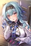  1girl absurdres bangs black_gloves black_hairband blue_cape blue_hair blue_neckwear blush breasts cape eula_(genshin_impact) genshin_impact gloves hair_ornament hairband highres huge_filesize large_breasts long_sleeves looking_at_viewer medium_hair necktie samoore sidelocks violet_eyes 