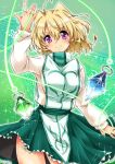  1girl ahoge artist_name blonde_hair blush breasts closed_mouth dated earrings eyebrows_visible_through_hair green_skirt heart highres jewelry large_breasts looking_at_viewer lyrical_nanoha magic magic_circle magical_girl mahou_shoujo_lyrical_nanoha mahou_shoujo_lyrical_nanoha_a&#039;s mahou_shoujo_lyrical_nanoha_strikers miniskirt san-pon shamal shiny shiny_hair short_hair skirt smile solo violet_eyes 