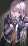  1girl absurdres bangs black_gloves black_jacket braid commentary_request cowboy_shot dangan_ronpa:_trigger_happy_havoc dangan_ronpa_(series) eyebrows_visible_through_hair glove_in_mouth gloves hair_ribbon hand_up highres jacket kirigiri_kyouko long_hair mouth_hold mouth_pull necktie open_clothes open_jacket pleated_skirt purple_hair ribbon shirt side_braid skirt solo tokkyu violet_eyes white_shirt 