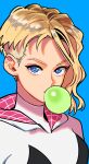  1girl absurdres blonde_hair blue_background blue_eyes bright_pupils bubble_blowing chewing_gum gwen_stacy highres hood hood_down looking_at_viewer okada_(hoooojicha) portrait shadow simple_background solo spider-man:_into_the_spider-verse spider-man_(series) undercut white_pupils 
