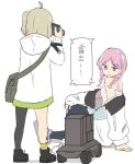  2girls arknights bag bare_shoulders blonde_hair blue_eyes blue_poison_(arknights) blue_poison_(rhythm_on_the_beach)_(arknights) braid camera camisole hairband holding holding_camera kumamoto_aichi lens_(arknights) long_sleeves looking_at_another multiple_girls off_shoulder pink_hair pose robot scene_(arknights) shoulder_bag sitting taking_picture translation_request twin_braids white_background white_hairband 