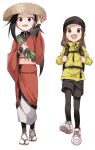  2girls :d absurdres arm_guards backpack bag bangs baseball_cap black_hair black_headwear black_legwear black_shorts brown_eyes brown_hair brown_headwear brown_kimono commentary_request crossover hand_up hat highres jacket japanese_clothes karakai_jouzu_no_takagi-san kimono kunoichi_tsubaki_no_mune_no_uchi legwear_under_shorts long_sleeves looking_at_viewer multiple_girls obi official_art open_mouth pantyhose parted_bangs sash shoes short_shorts shorts simple_background sleeves_past_wrists smile takagi-san tsubaki_(kunoichi_tsubaki_no_mune_no_uchi) walking white_background white_footwear wide_sleeves yamamoto_souichirou yellow_jacket 