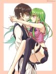  1boy 1girl arms_around_neck brown_hair c.c. carrying code_geass cosplay earrings elizabeth_liones elizabeth_liones_(cosplay) green_hair highres jewelry lelouch_lamperouge long_hair meliodas meliodas_(cosplay) nanatsu_no_taizai necktie panties pantyshot princess_carry setu_kurokawa short_hair simple_background single_thighhigh sleeveless thigh-highs underwear violet_eyes white_panties yellow_eyes 