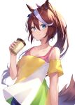  1girl absurdres animal_ears bangs bare_shoulders blue_eyes blue_pants blush brown_hair coffee_mug commentary_request cup drinking_straw eyebrows_visible_through_hair hair_between_eyes hair_ribbon hand_up high_ponytail highres holding holding_cup horse_ears horse_girl horse_tail mug multicolored_hair off-shoulder_shirt off_shoulder pants pink_ribbon ponytail ribbon shirt simple_background solo streaked_hair tail tokai_teio_(umamusume) umamusume white_background white_hair yellow_shirt yuuki_nao_(pixiv10696483) 
