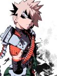  1boy absurdres aetherion ammunition_belt armor artist_name bakugou_katsuki bangs black_shirt blonde_hair boku_no_hero_academia commentary domino_mask explosive from_side grenade head_tilt highres looking_at_viewer male_focus mask parted_lips red_eyes shirt short_hair shoulder_armor sidelocks signature simple_background skin_tight sleeveless sleeveless_shirt solo spiky_hair standing strap teeth toned toned_male white_background 