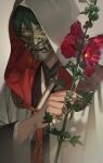  1boy akakokko_(niro_azarashi) claw_ring cloak commentary_request covered_mouth flower green_hair highres holding holding_flower hood hood_up hooded_cloak looking_at_viewer male_focus mask mouth_mask original red_flower short_hair solo tassel upper_body white_cloak yellow_eyes 